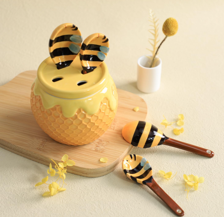 4-Piece Ceramic Measuring Spoon Set with Bee Pattern - Image 2