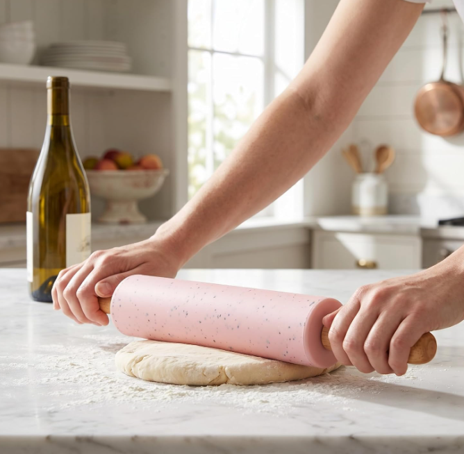 Silicone rolling pin with wooden handles (1 pc), tapered design suitable for dumpling wrappers, cookies, and pastries