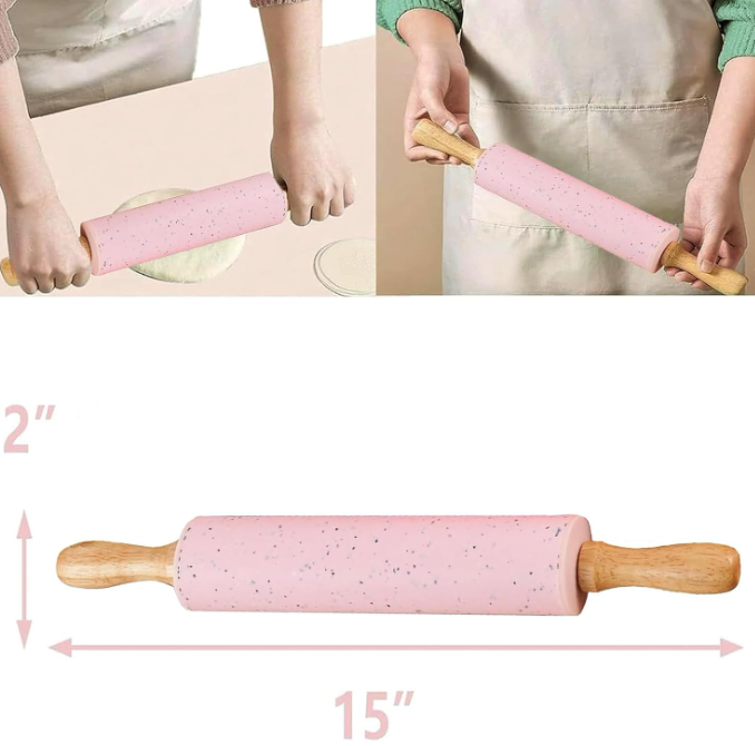 Silicone rolling pin with wooden handles (1 pc), tapered design suitable for dumpling wrappers, cookies, and pastries - Image 2
