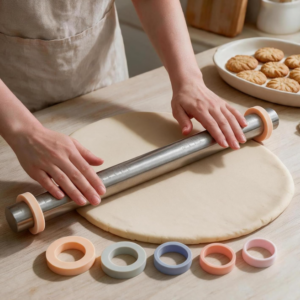 Rolling pin with thickness-adjusting rings (1 pc), helps roll dough to an even thickness