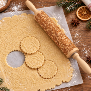 Carved wooden rolling pin (1 pc), with snowflake and floral patterns for embossing cookies and decorating pastries