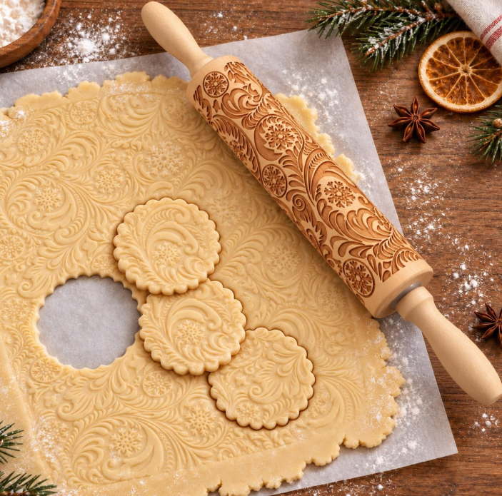 Carved wooden rolling pin (1 pc), with snowflake and floral patterns for embossing cookies and decorating pastries