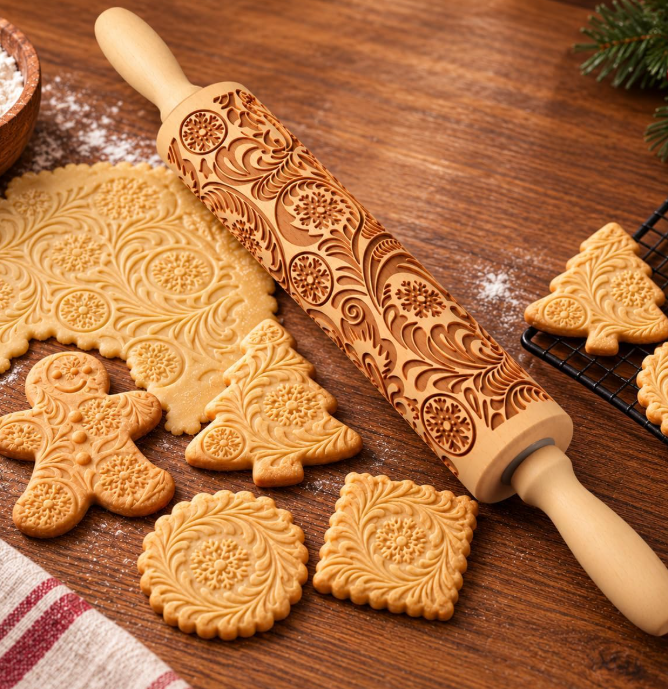 Carved wooden rolling pin (1 pc), with snowflake and floral patterns for embossing cookies and decorating pastries - Image 2