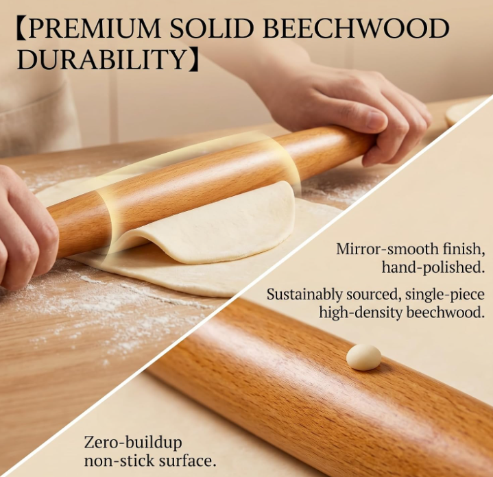 Beechwood French-style rolling pin (1 pc), tapered structure suitable for dough sheets, pastries, and cookies - Image 2