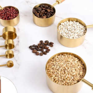 Gold Stainless Steel Measuring Cup and Spoon Set with Wooden Handles